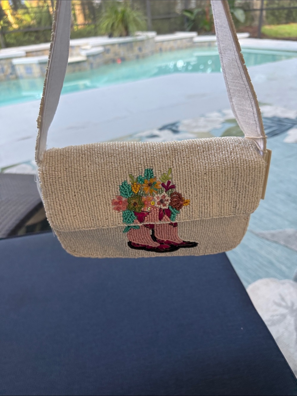 Beaded Floral Cowboy Boot Crossbody Bag in Cream